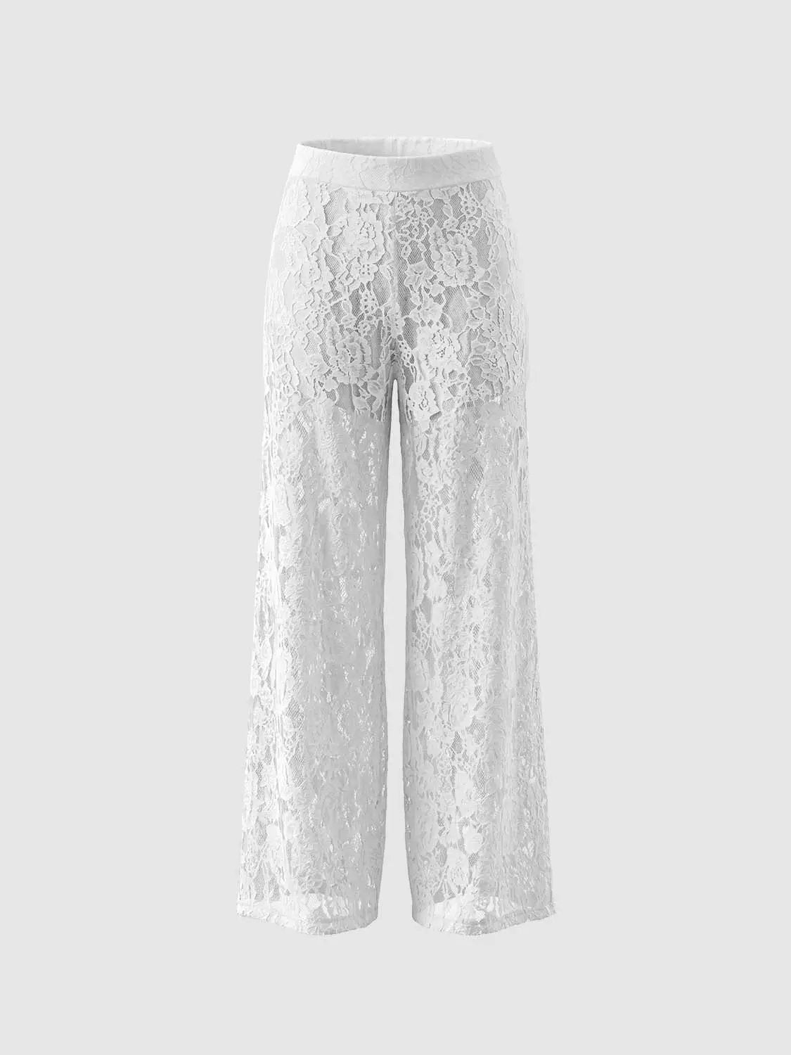 White Floral Lace Mid-rise Wide-leg Pants