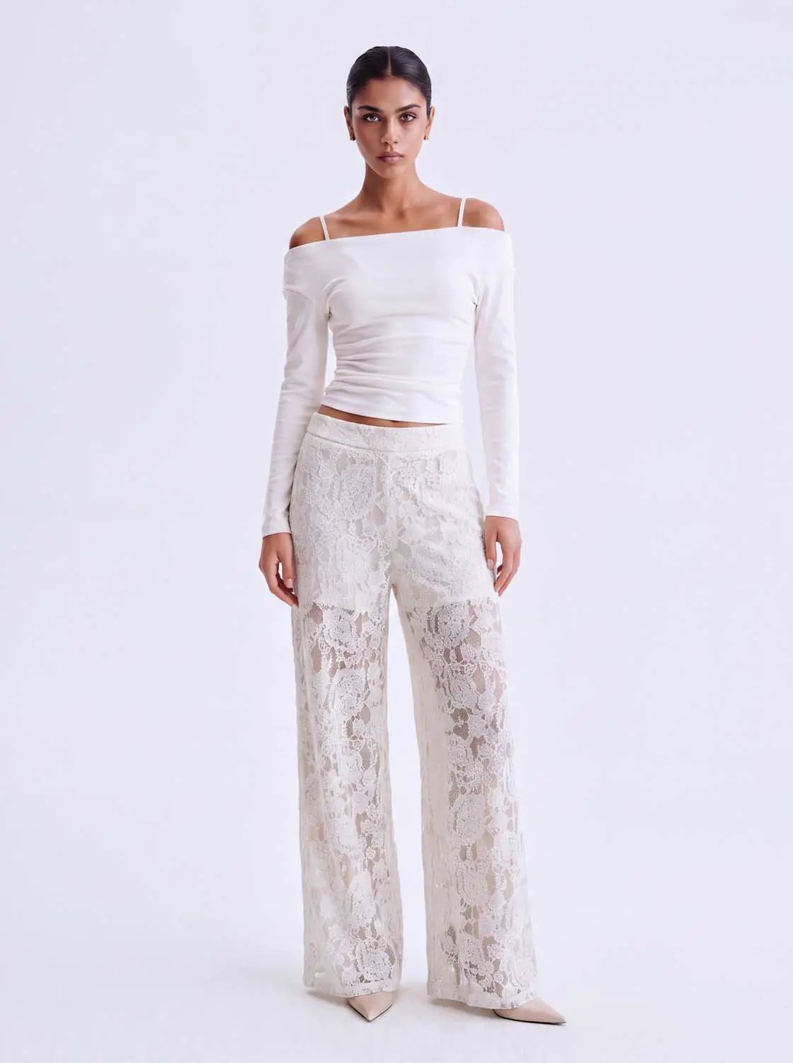 White Floral Lace Mid-rise Wide-leg Pants