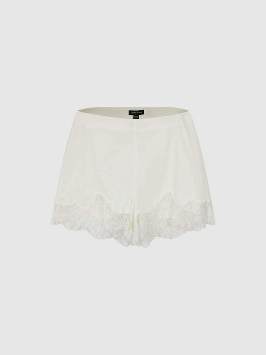 Elastic Waist Double Layer Scalloped Lace Hem Casual Shorts