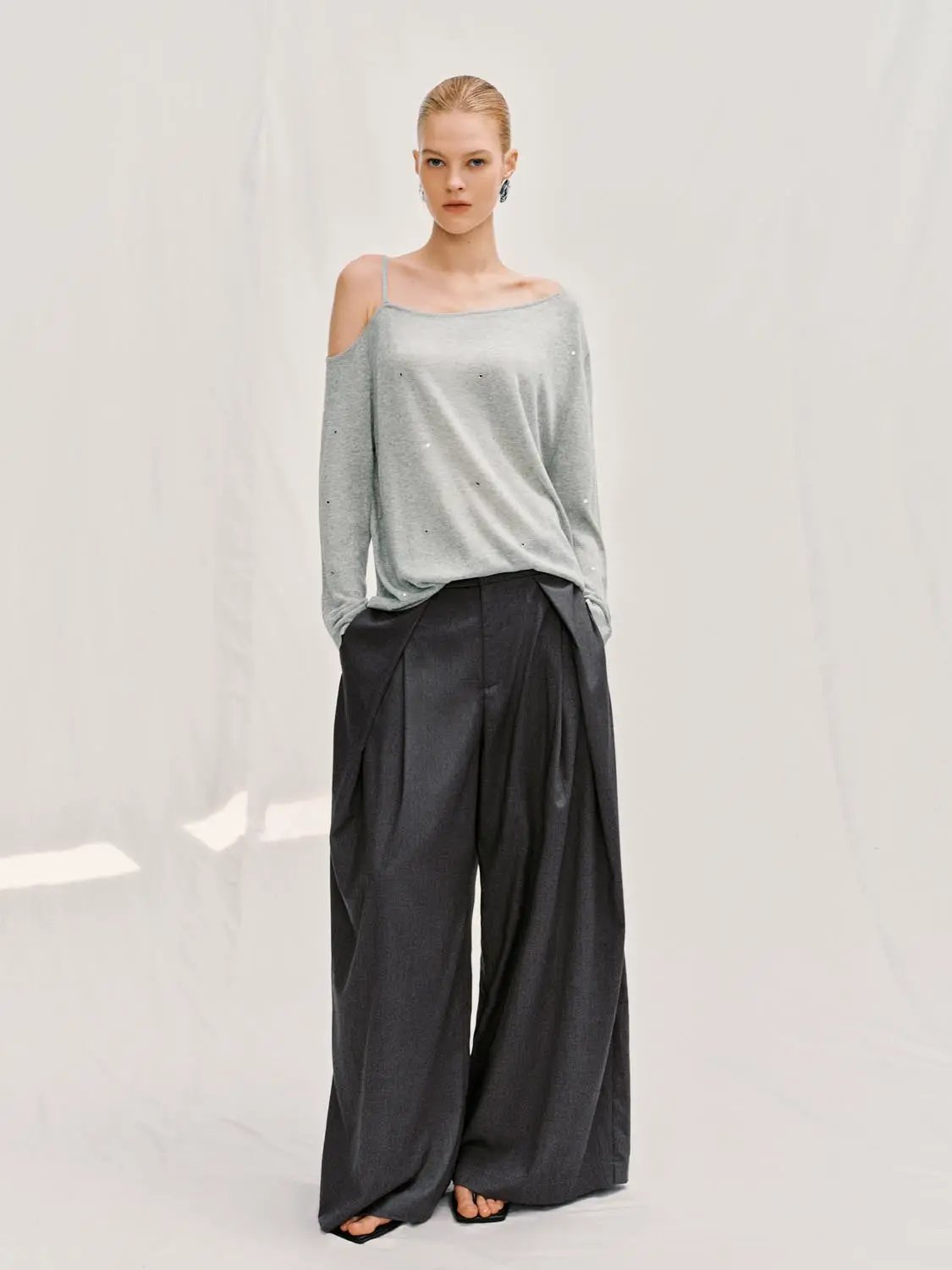 Relaxed Draped Pleated Front Wide-leg Pants