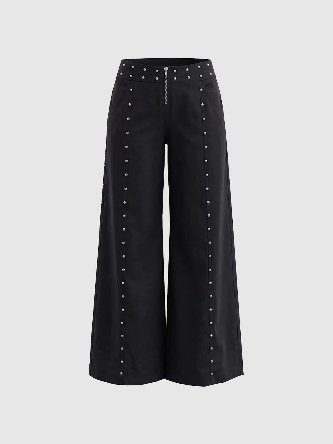 Studded Zip Front Cotton Linen Blend Wide-leg Pants