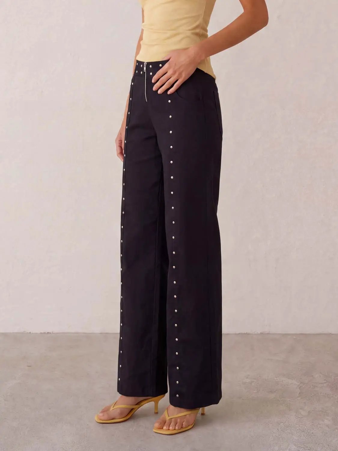 Studded Zip Front Cotton Linen Blend Wide-leg Pants