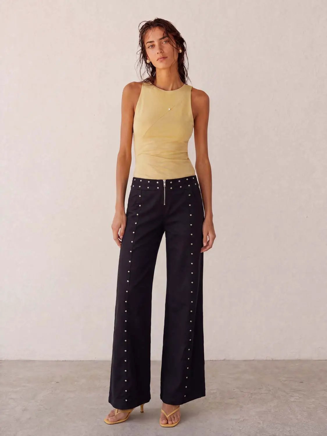 Studded Zip Front Cotton Linen Blend Wide-leg Pants
