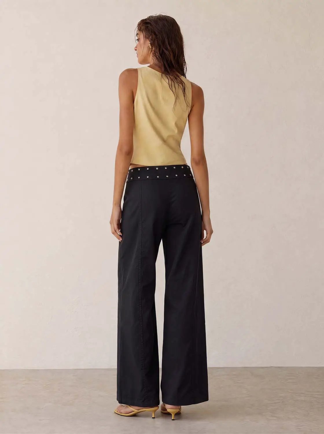 Studded Zip Front Cotton Linen Blend Wide-leg Pants
