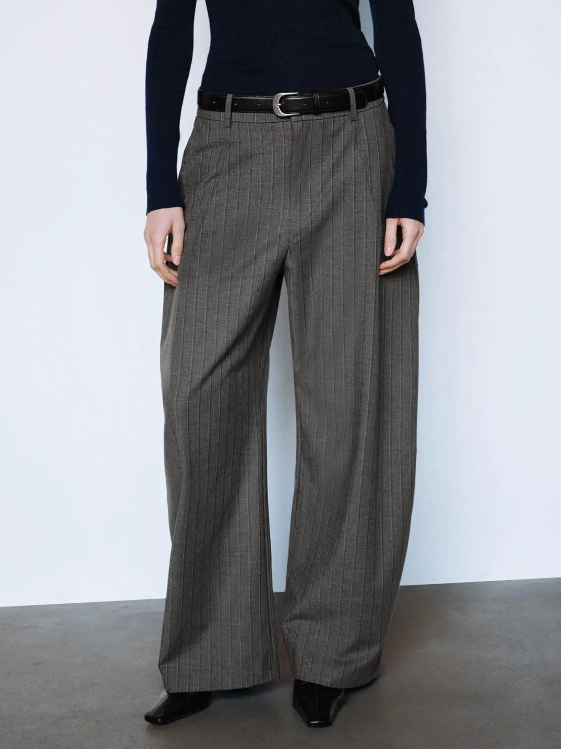 Striped Curved-Leg Pants With Decorative Belt