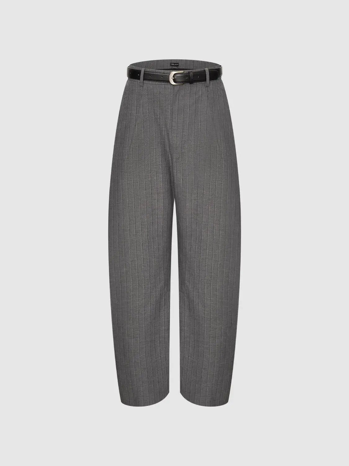 Striped Curved-Leg Pants With Decorative Belt