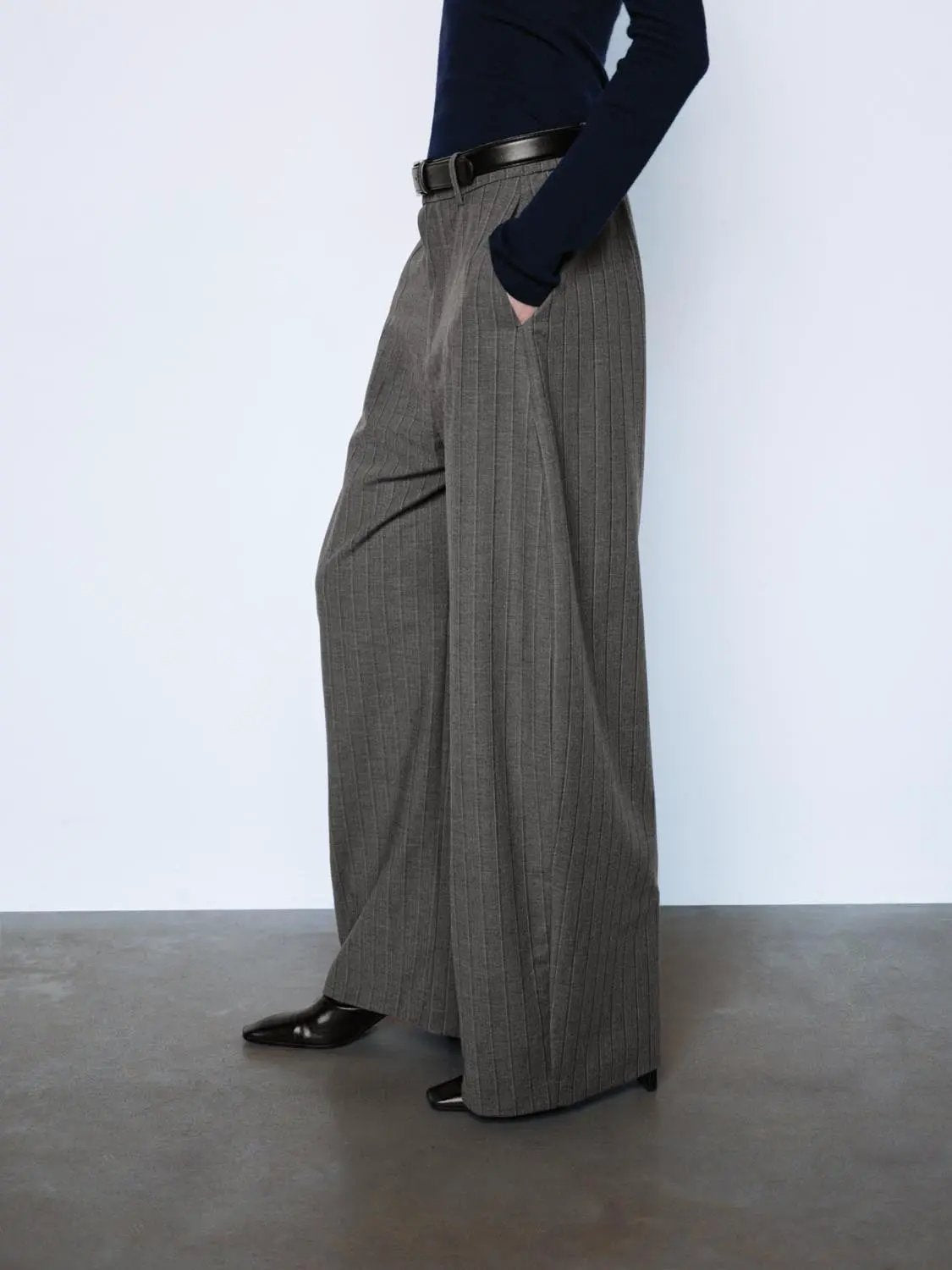 Striped Curved-Leg Pants With Decorative Belt