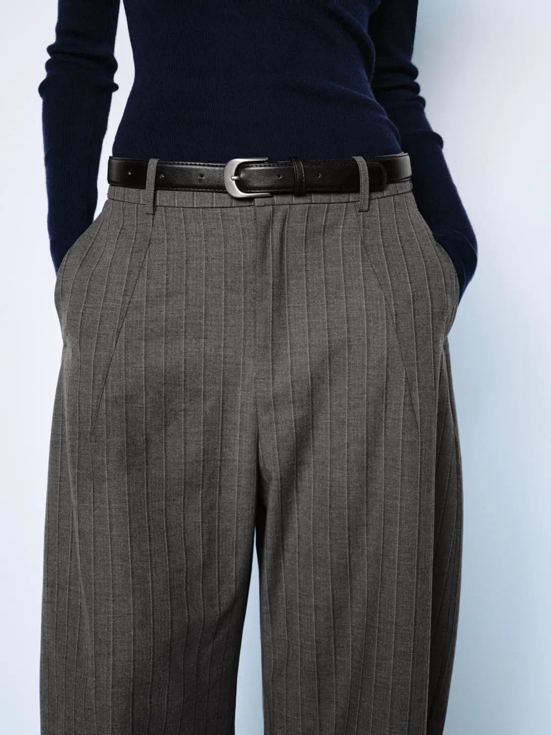 Striped Curved-Leg Pants With Decorative Belt