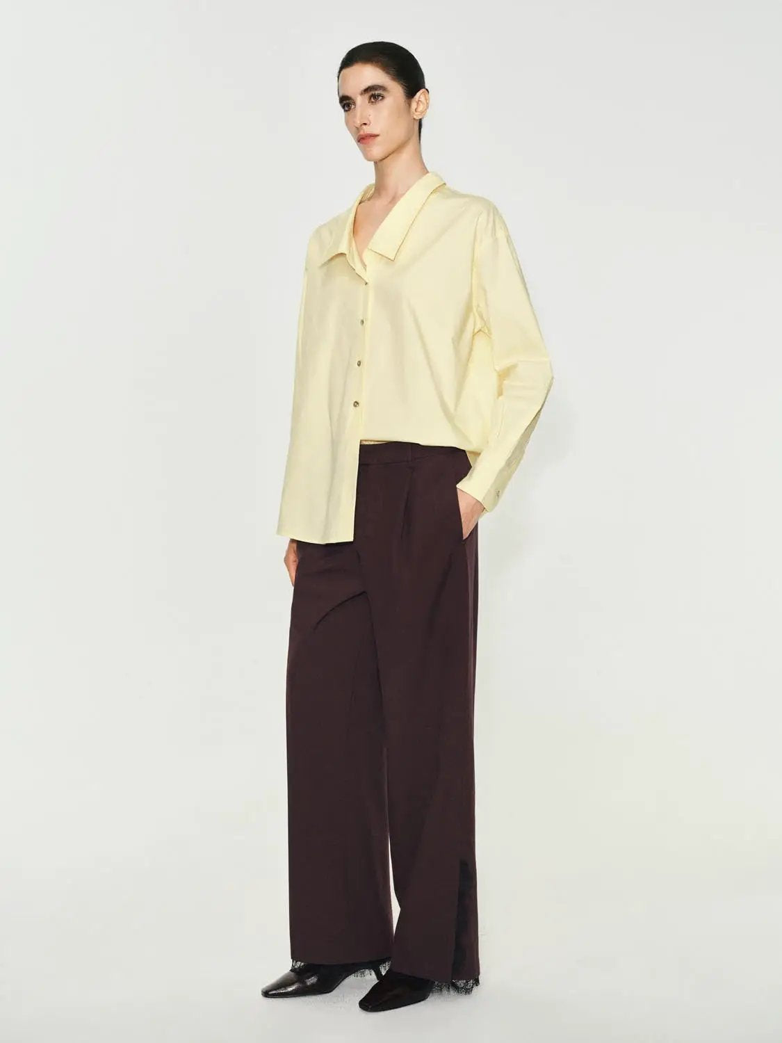 Mid-rise Front Pleated Wide-leg Pants With Raw Hem