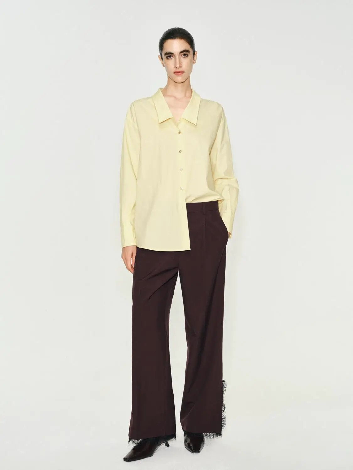 Mid-rise Front Pleated Wide-leg Pants With Raw Hem