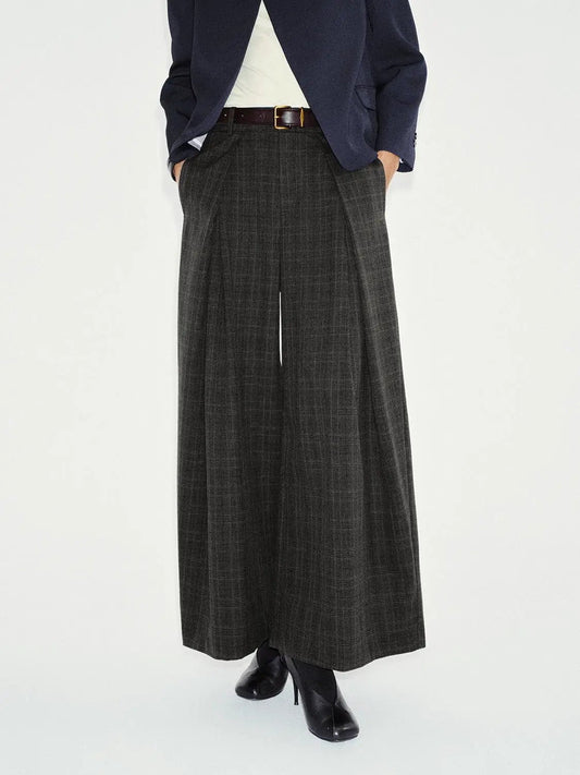 Front Pleated Checked Mid-rise Wide-leg Pants