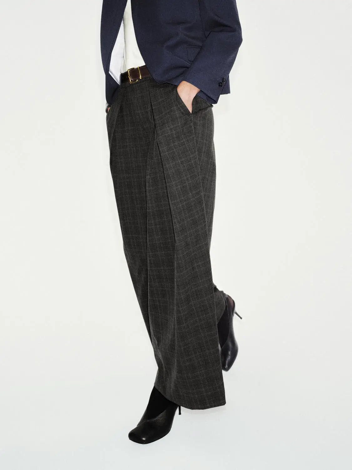 Front Pleated Checked Mid-rise Wide-leg Pants