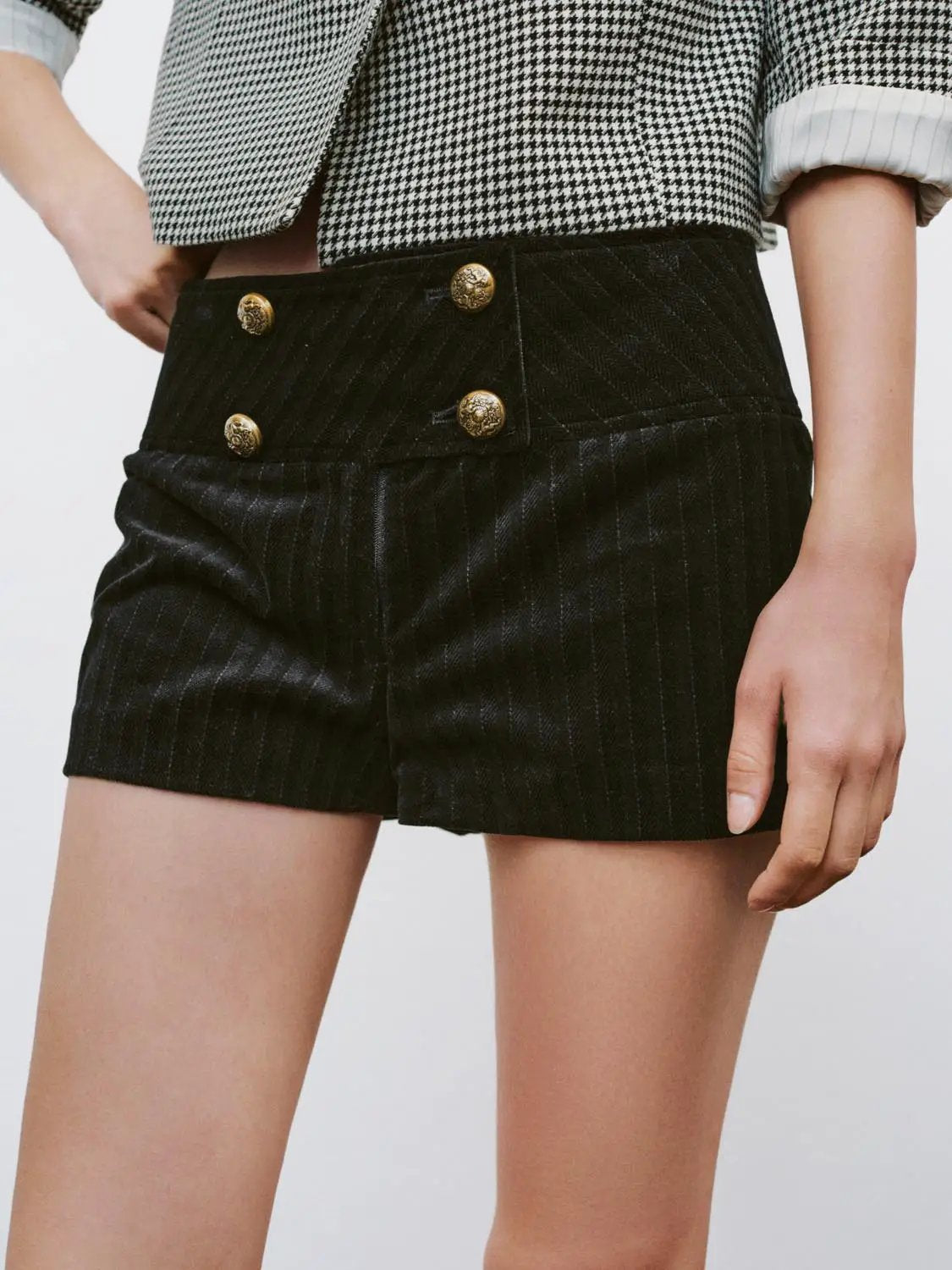 Double-Breasted Striped Cotton Blend Shorts