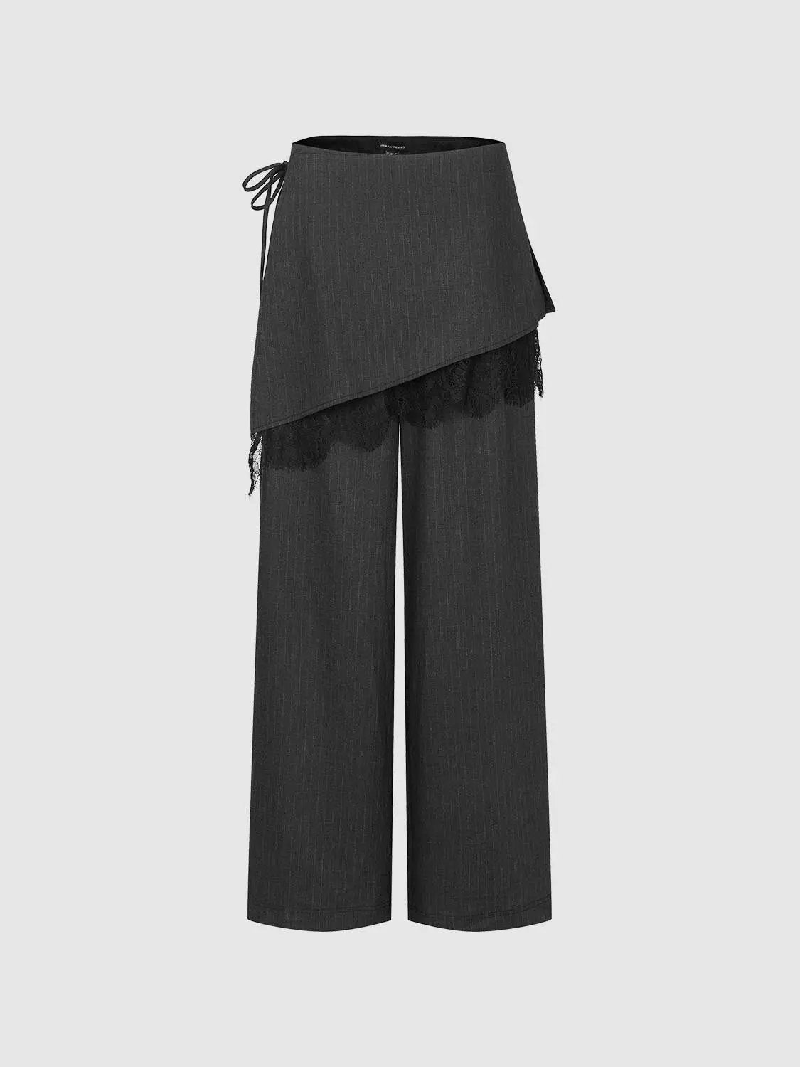 High-waisted Side Tie Wrap Lace Trim Wide-leg Pants