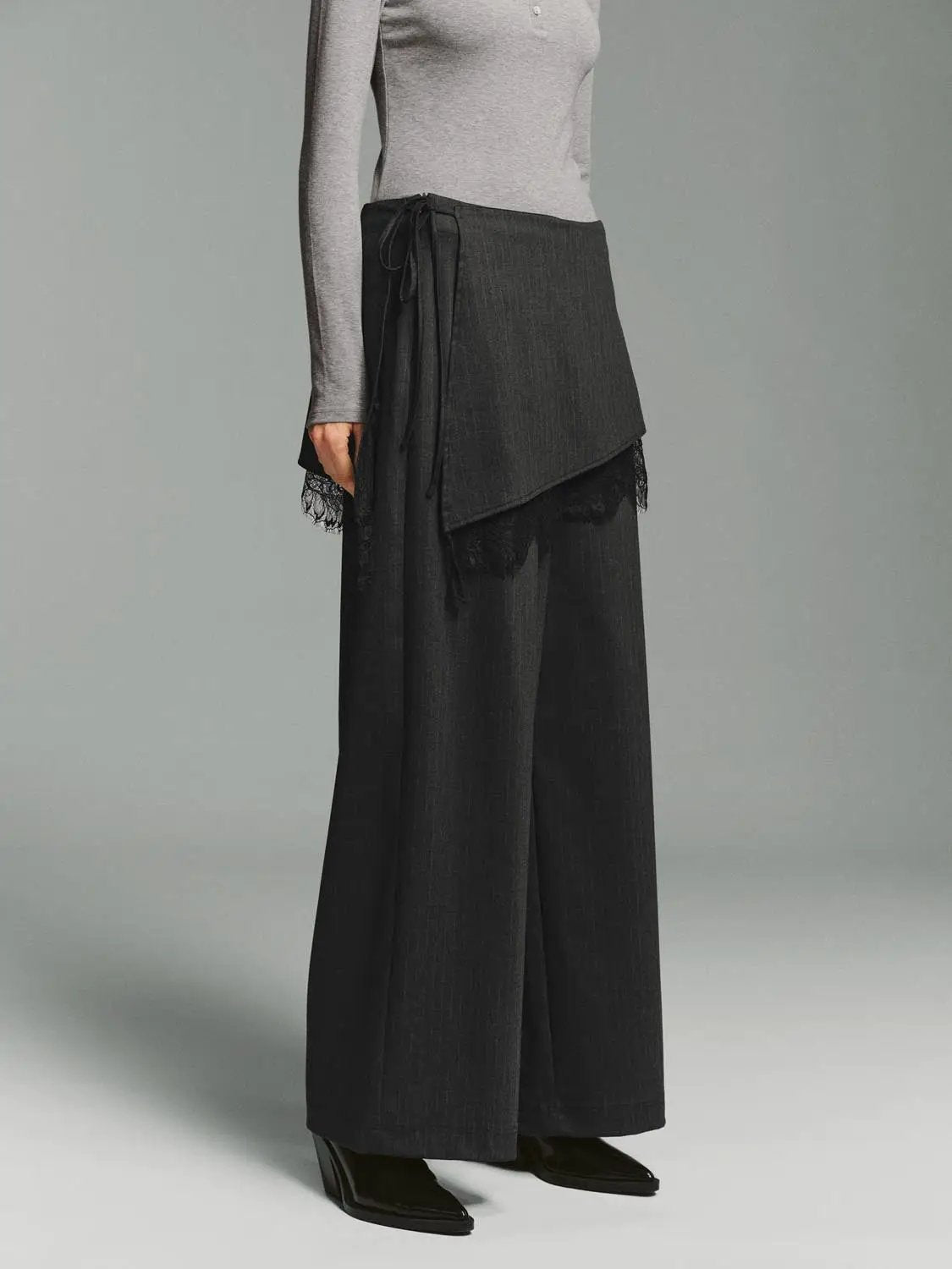 High-waisted Side Tie Wrap Lace Trim Wide-leg Pants