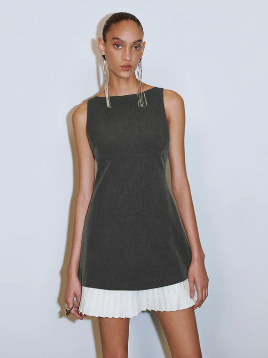2-In-1 Sleeveless Boat Neck Pleated Hem Straight Mini Dress