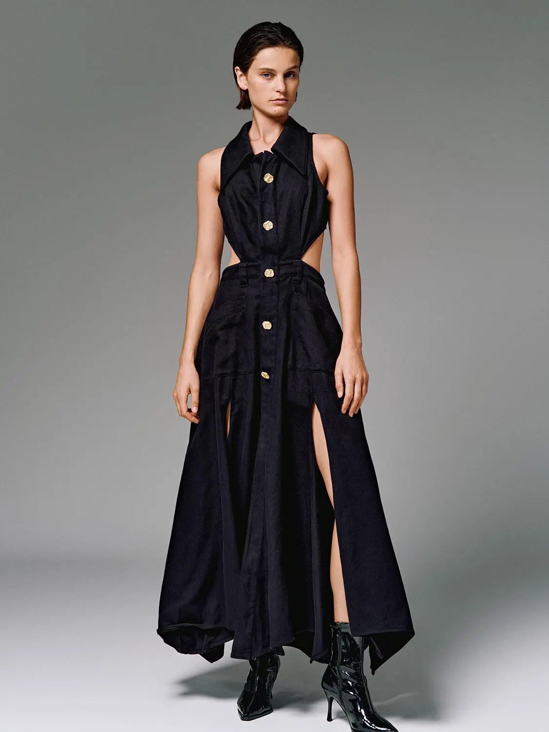 Halter Collar Cutout Sleeveless Cotton Maxi Dress