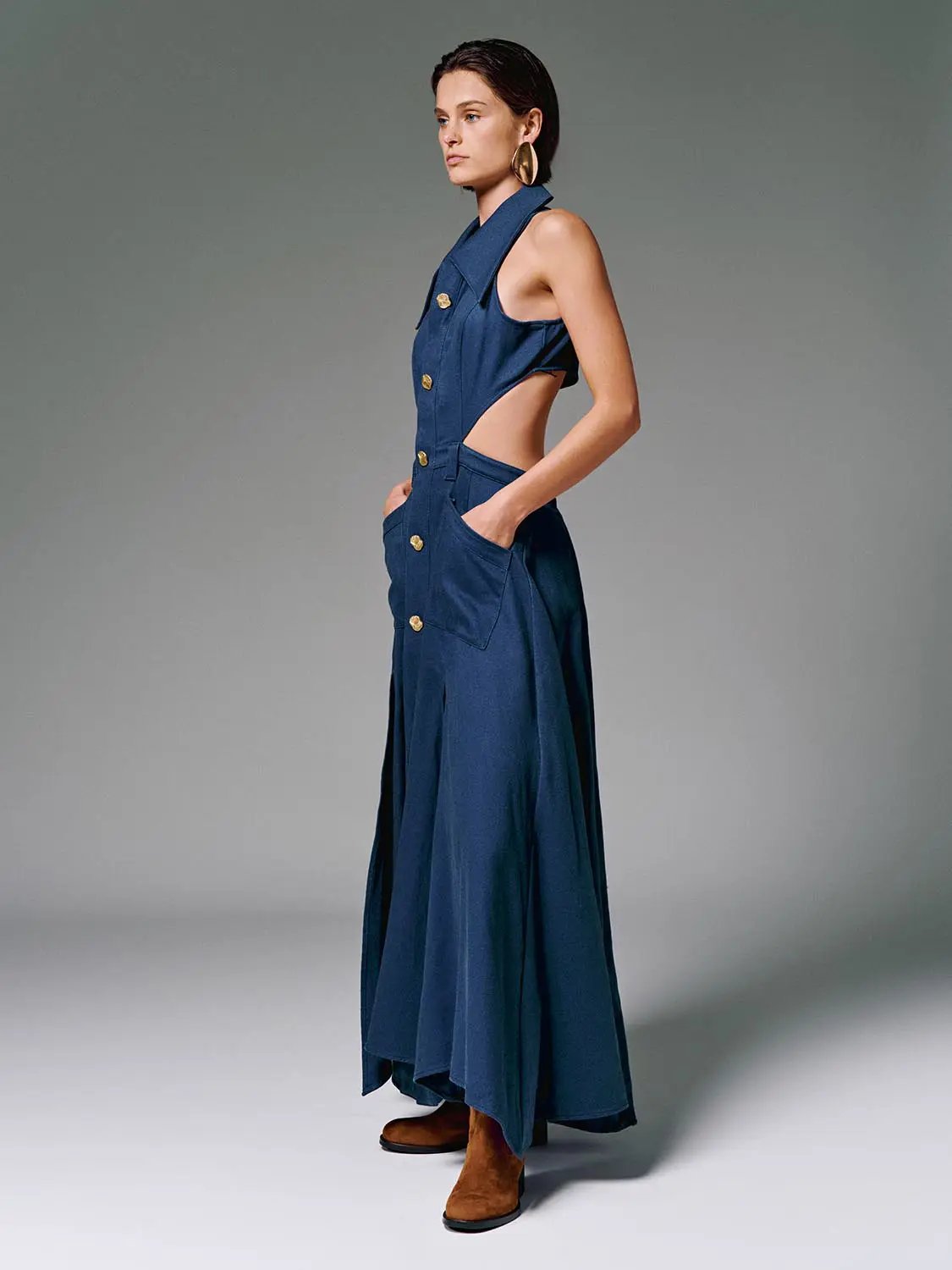 Halter Collar Cutout Sleeveless Cotton Maxi Dress