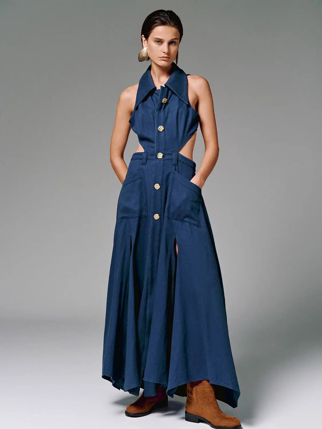 Halter Collar Cutout Sleeveless Cotton Maxi Dress