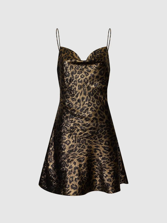 Leopard Print Strappy Cowl Neck Mini Dress