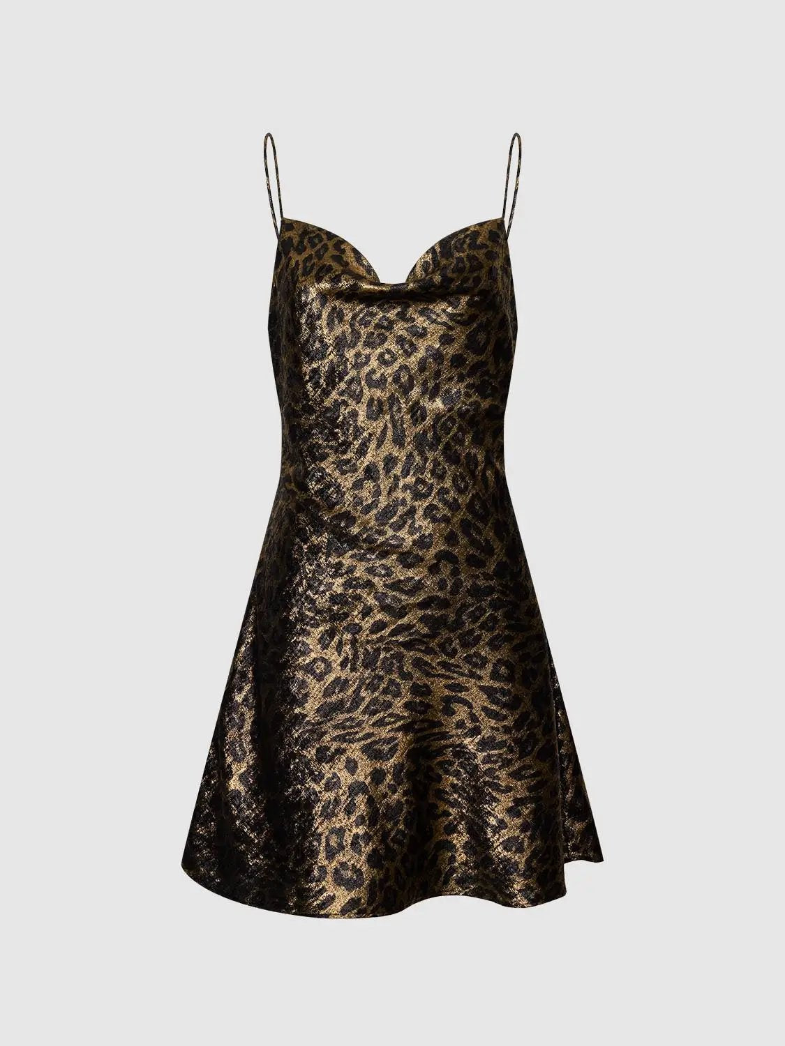 Leopard Print Strappy Cowl Neck Mini Dress