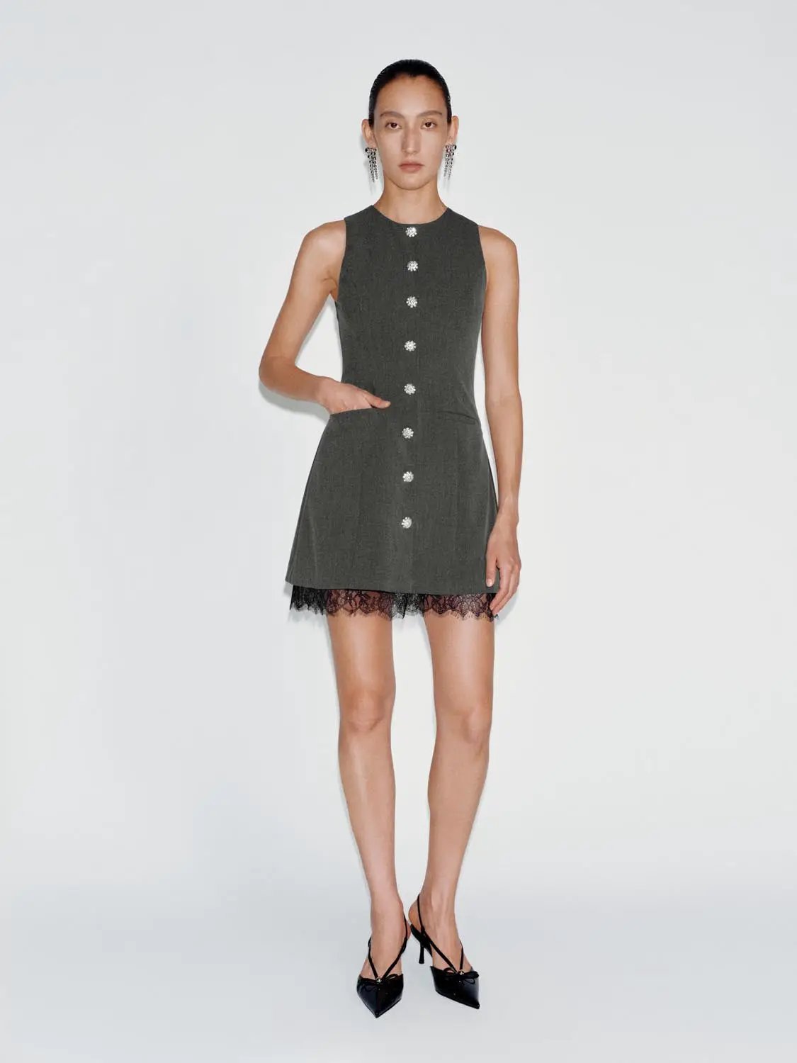 Buttoned Front A-line Lace Hem Charcoal Dress