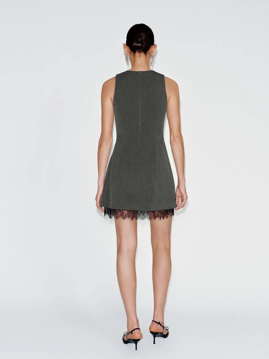 Buttoned Front A-line Lace Hem Charcoal Dress