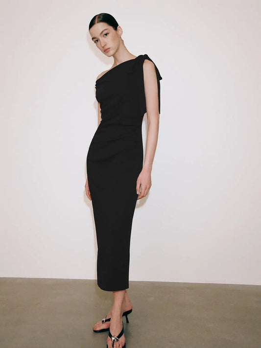 One Shoulder Tie Detail Side Ruched Slim Cotton Midi Dress
