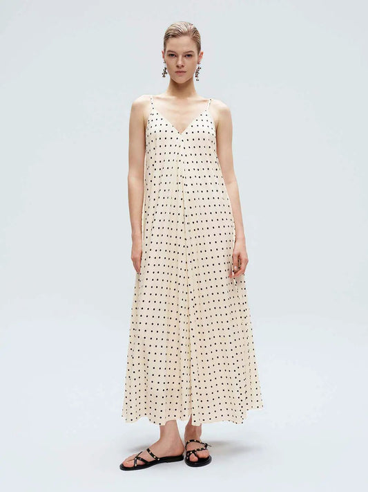 V Neck Spaghetti Strap Polka Dot Loose Fit A-Line Midi Dress