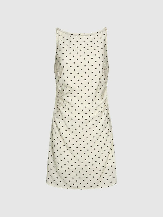 Sleeveless Boat Neck Side Ruched Polka Dot Slim Mini Dress