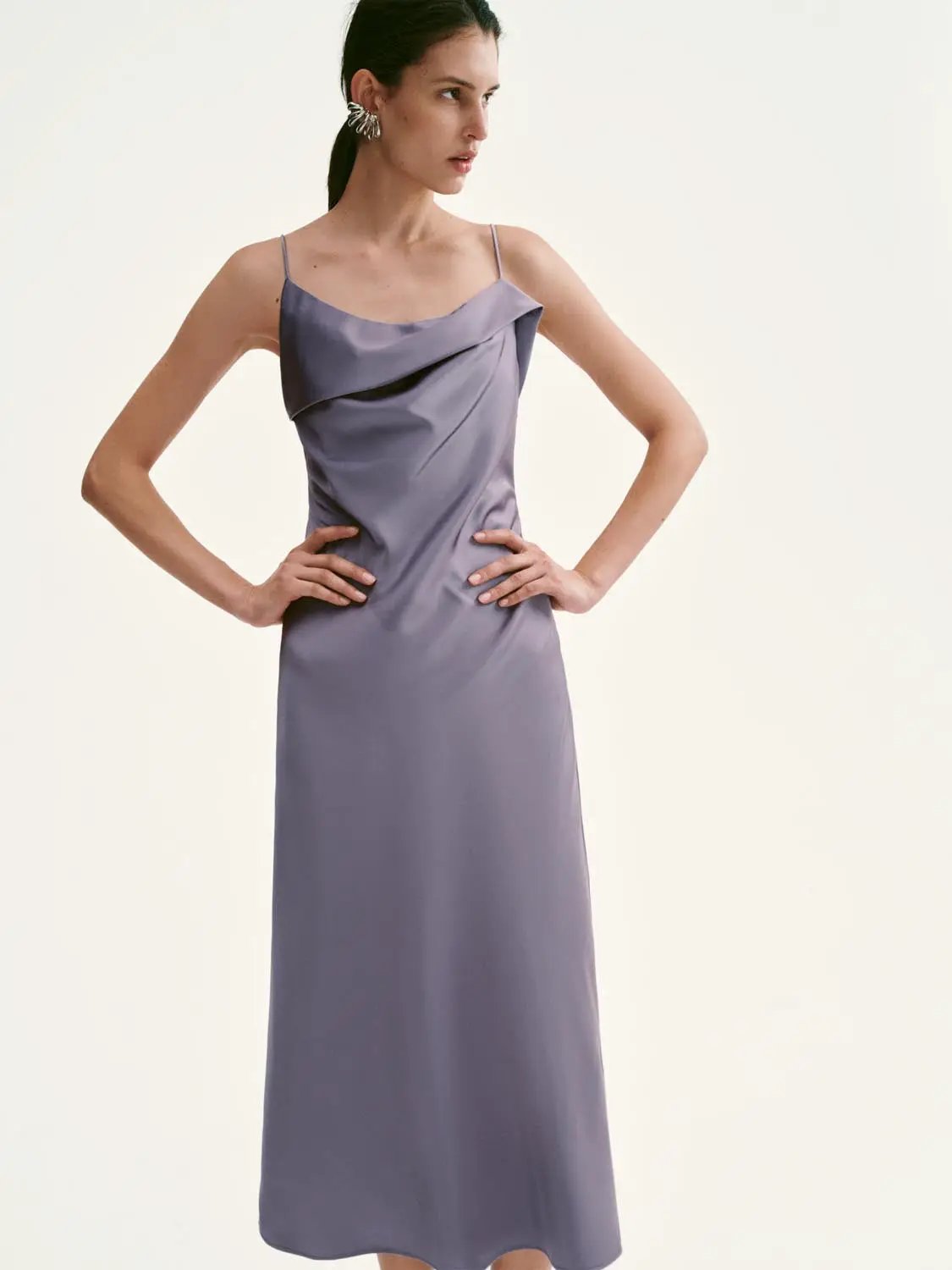 Lavender Strappy A-Line Satin-Like Maxi Draped Neck Dress