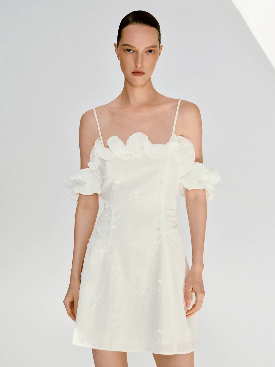 Off Shoulder 3D Floral Ruffle Strap Slim A Line Mini Dress