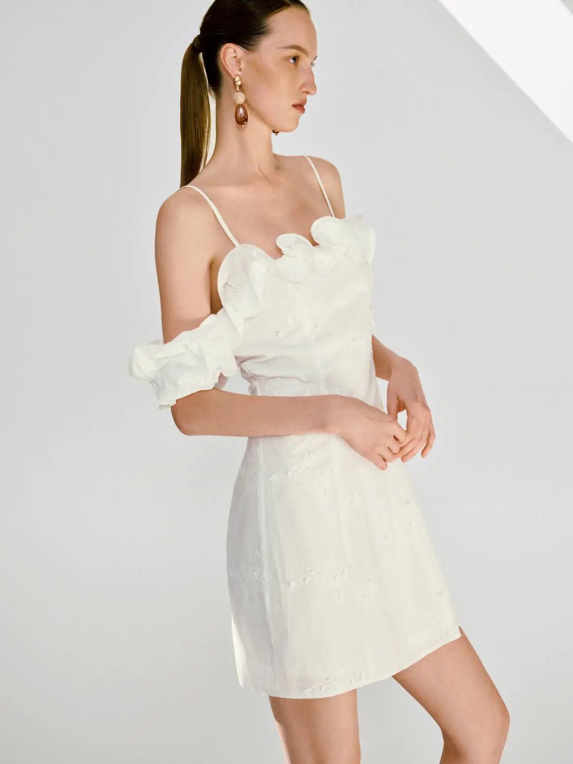 Off Shoulder 3D Floral Ruffle Strap Slim A Line Mini Dress