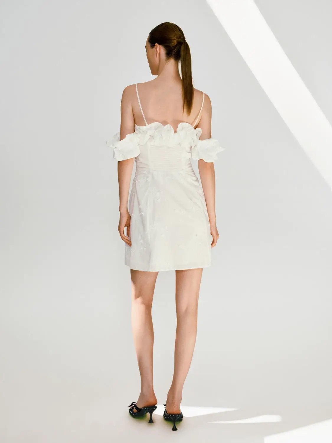 Off Shoulder 3D Floral Ruffle Strap Slim A Line Mini Dress