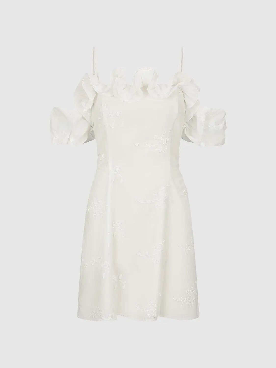 Off Shoulder 3D Floral Ruffle Strap Slim A Line Mini Dress
