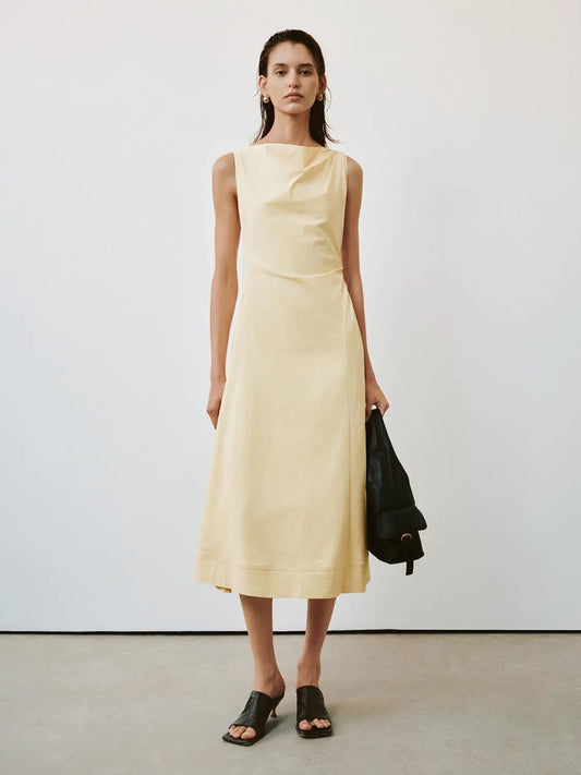Draped Cowl Neck Sleeveless Linen Blend A-Line Midi Dress