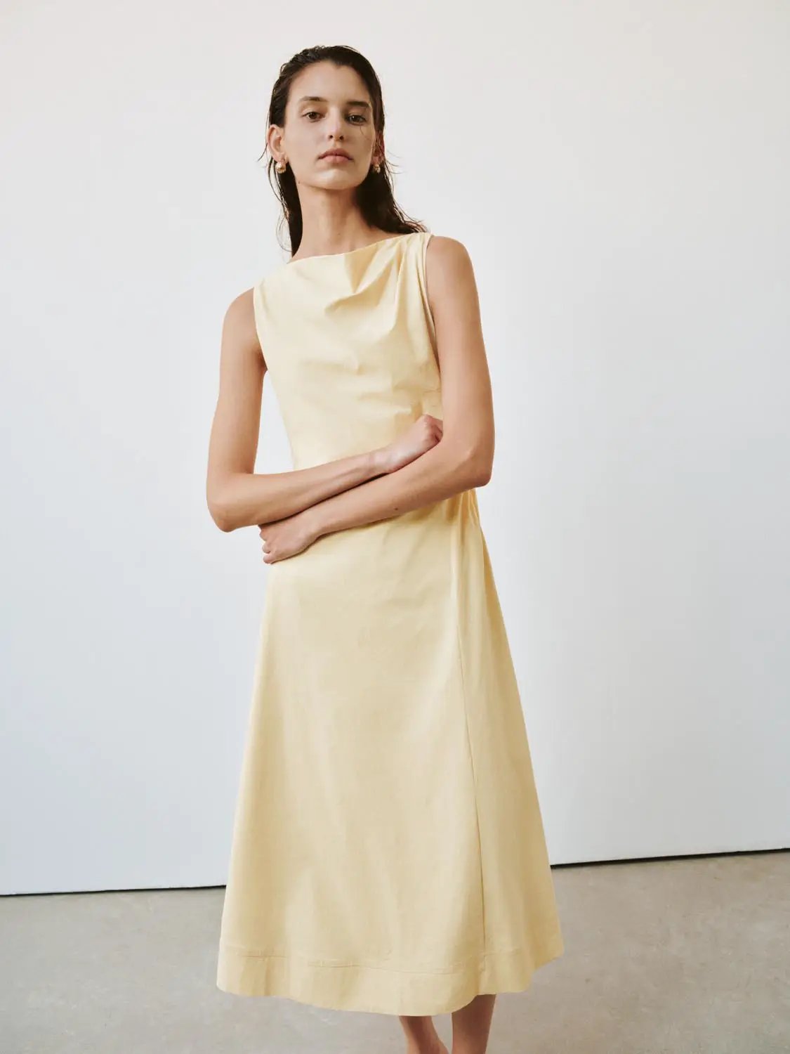 Draped Cowl Neck Sleeveless Linen Blend A-Line Midi Dress