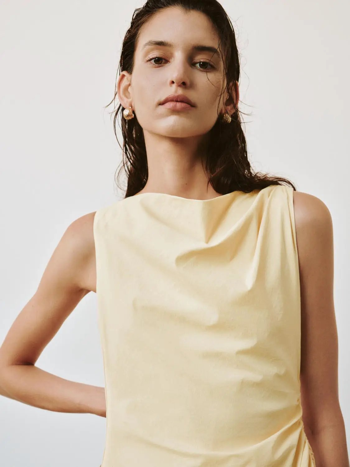 Draped Cowl Neck Sleeveless Linen Blend A-Line Midi Dress