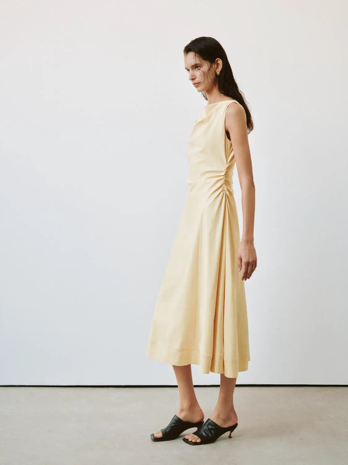 Draped Cowl Neck Sleeveless Linen Blend A-Line Midi Dress