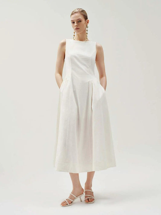 Crepe Open-Back Sleeveless A-Line Midi Dress