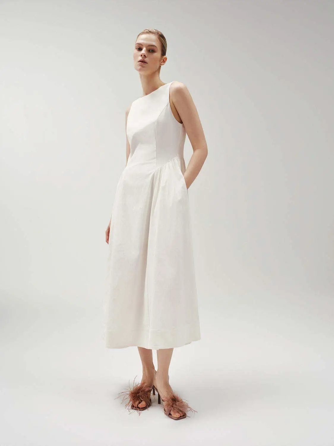 Crepe Open-Back Sleeveless A-Line Midi Dress