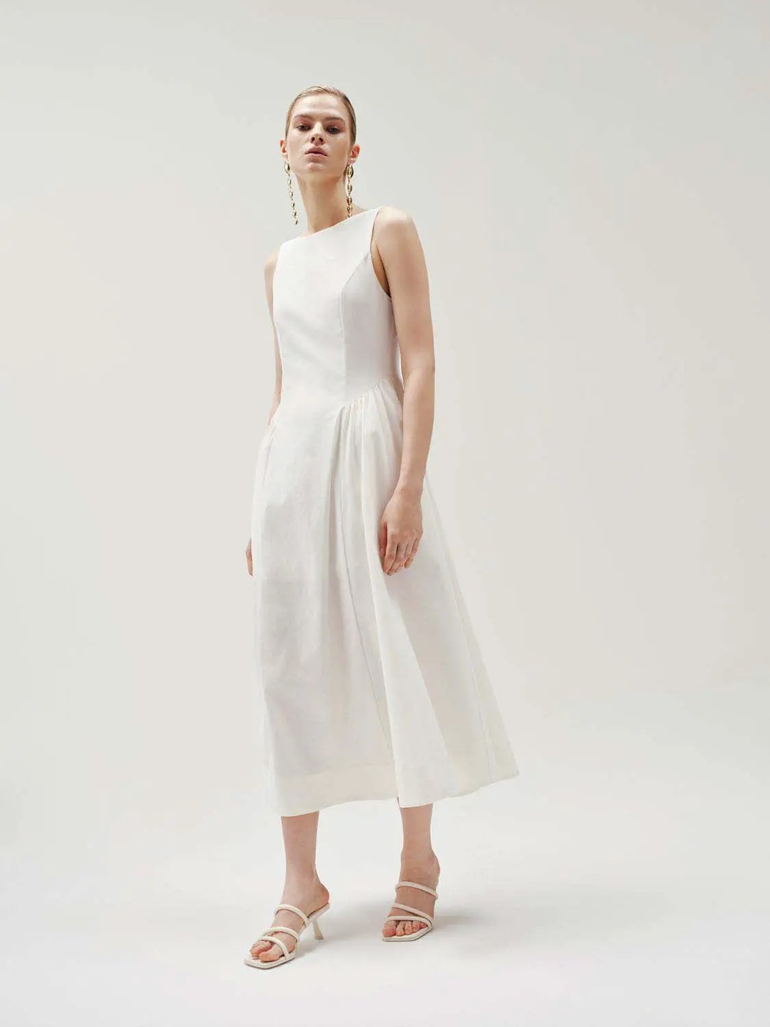 Crepe Open-Back Sleeveless A-Line Midi Dress