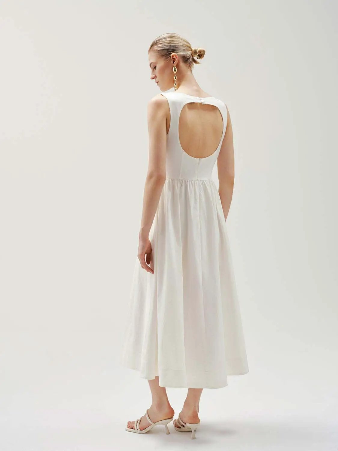 Crepe Open-Back Sleeveless A-Line Midi Dress