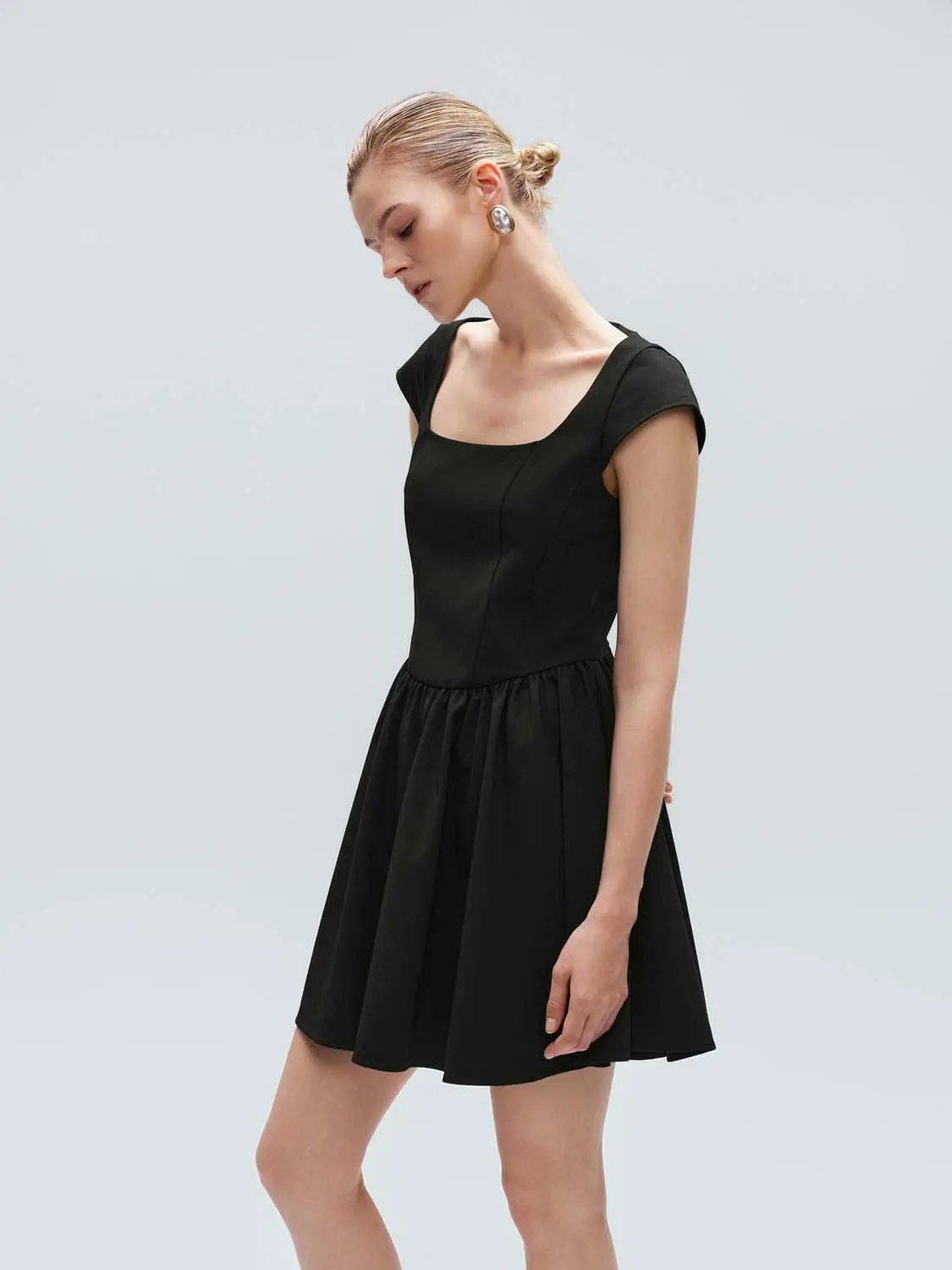 Flared Pleated Elastic Waist A-Line Midi Dress