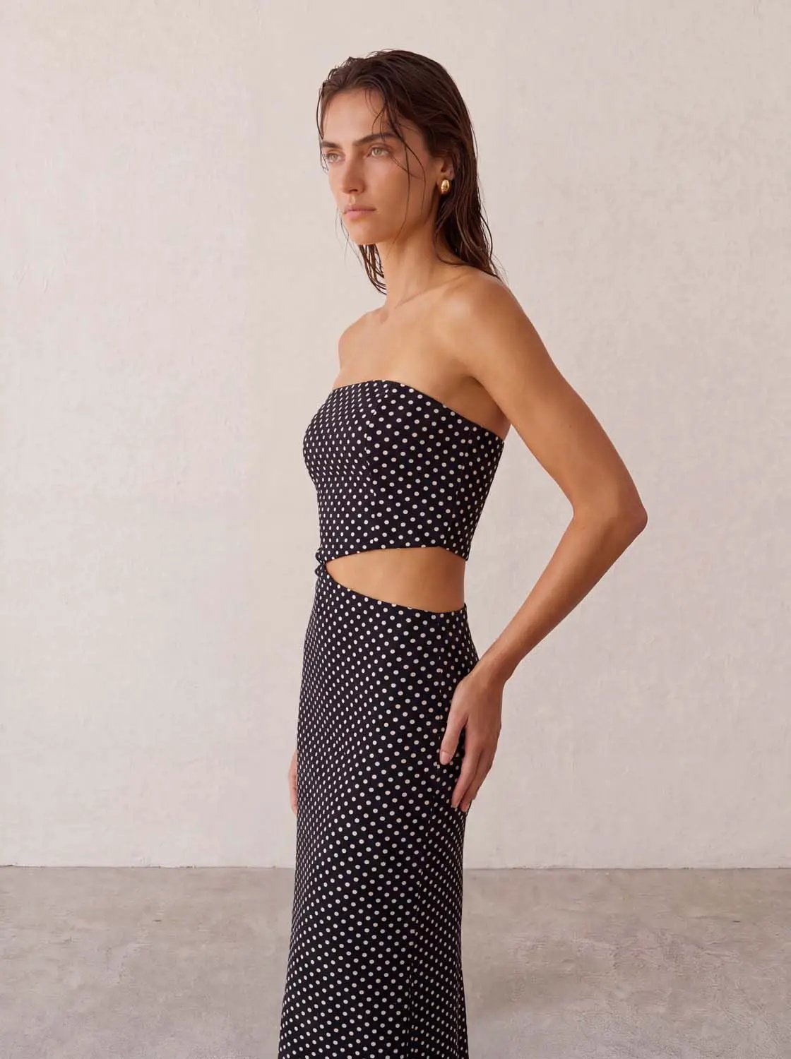 Strapless Polka Dot Top Mermaid Maxi Skirt Two Piece Set