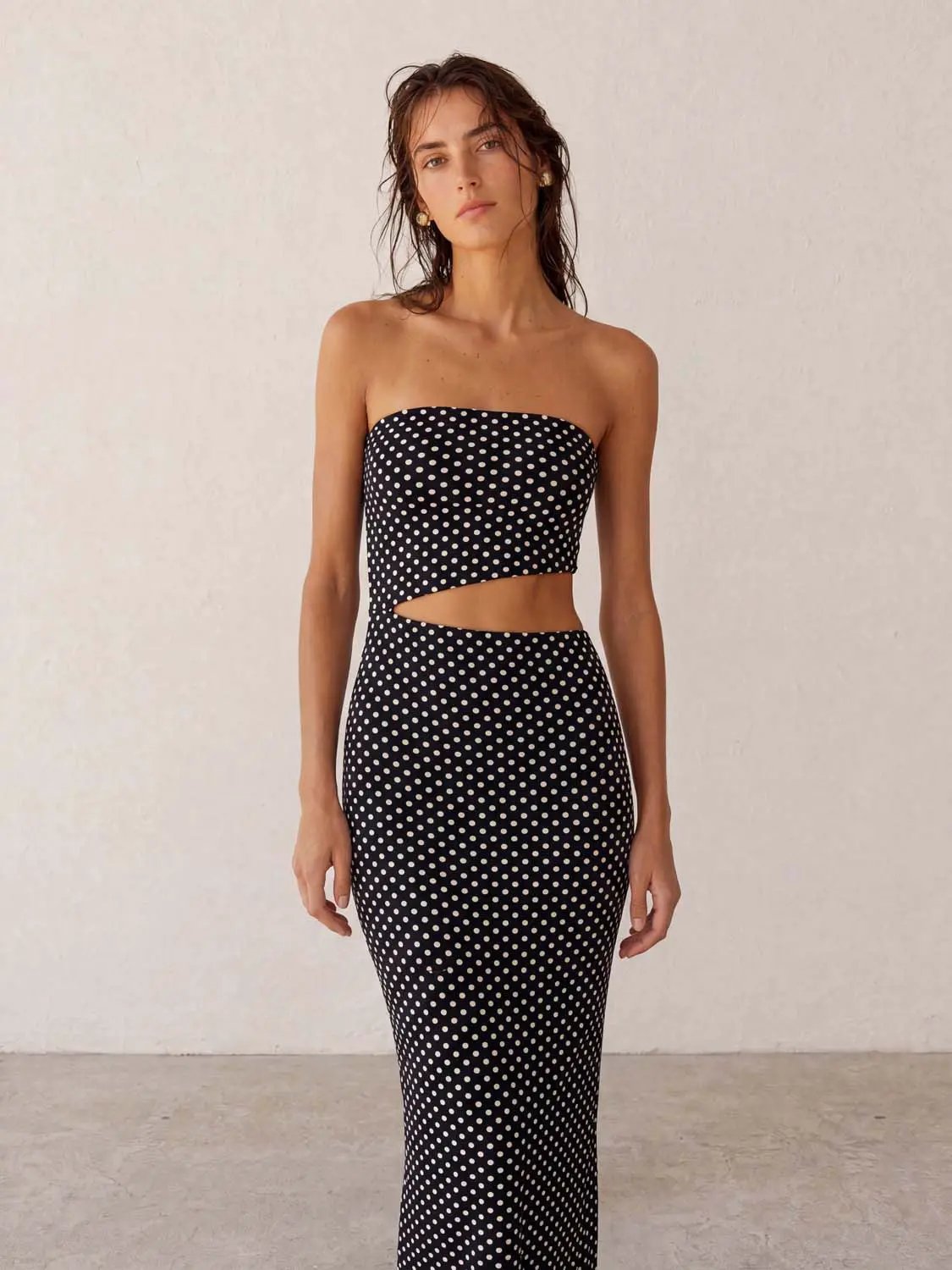 Strapless Polka Dot Top Mermaid Maxi Skirt Two Piece Set