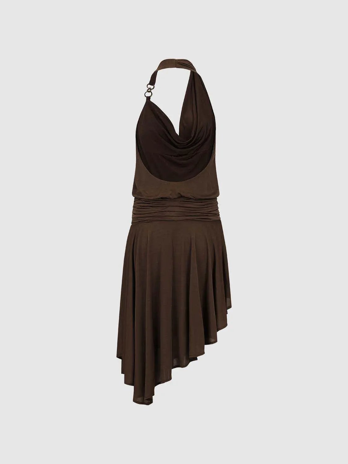 Halter Cowl Neck Ruched Waist Asymmetric Hem Mini Dress