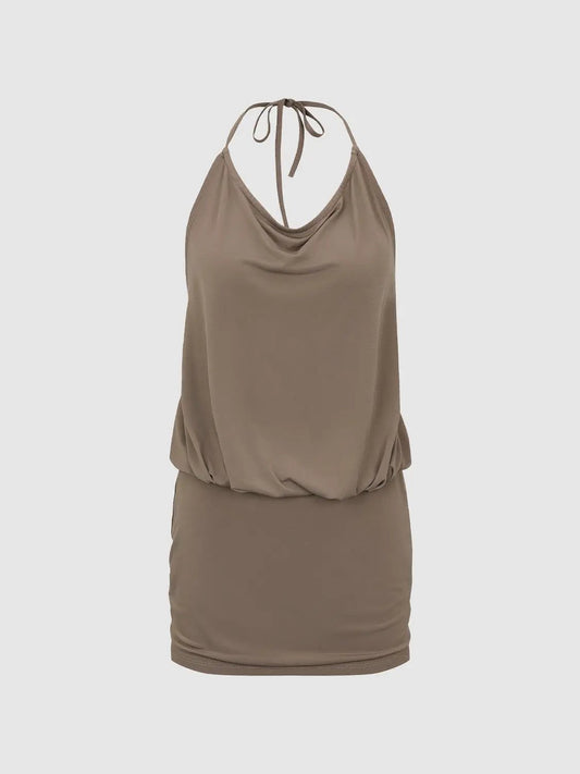 Cowl Neck Halter Tie Ruched Waist Mini Dress