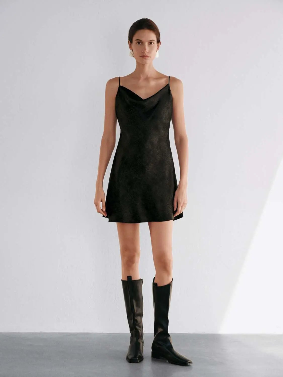 Sleeveless Cowl Neck Textured Flared Mini Dress