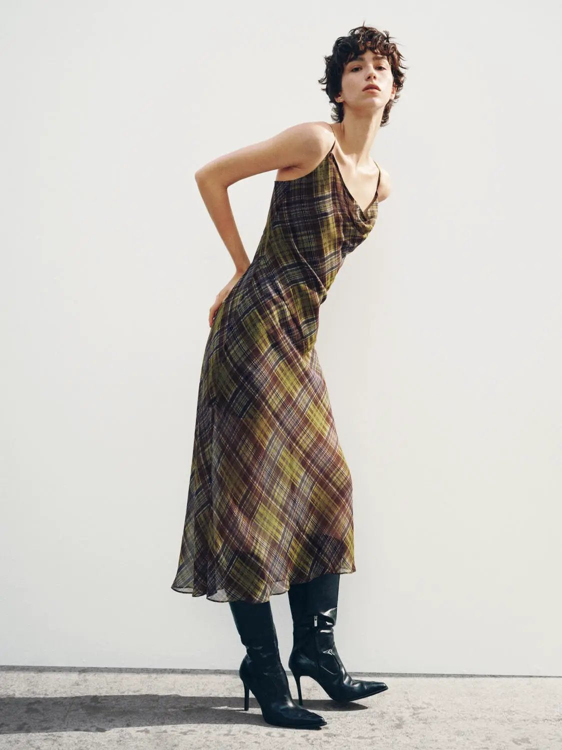 Plaid Cowl Neck Spaghetti Strap A-Line Dress